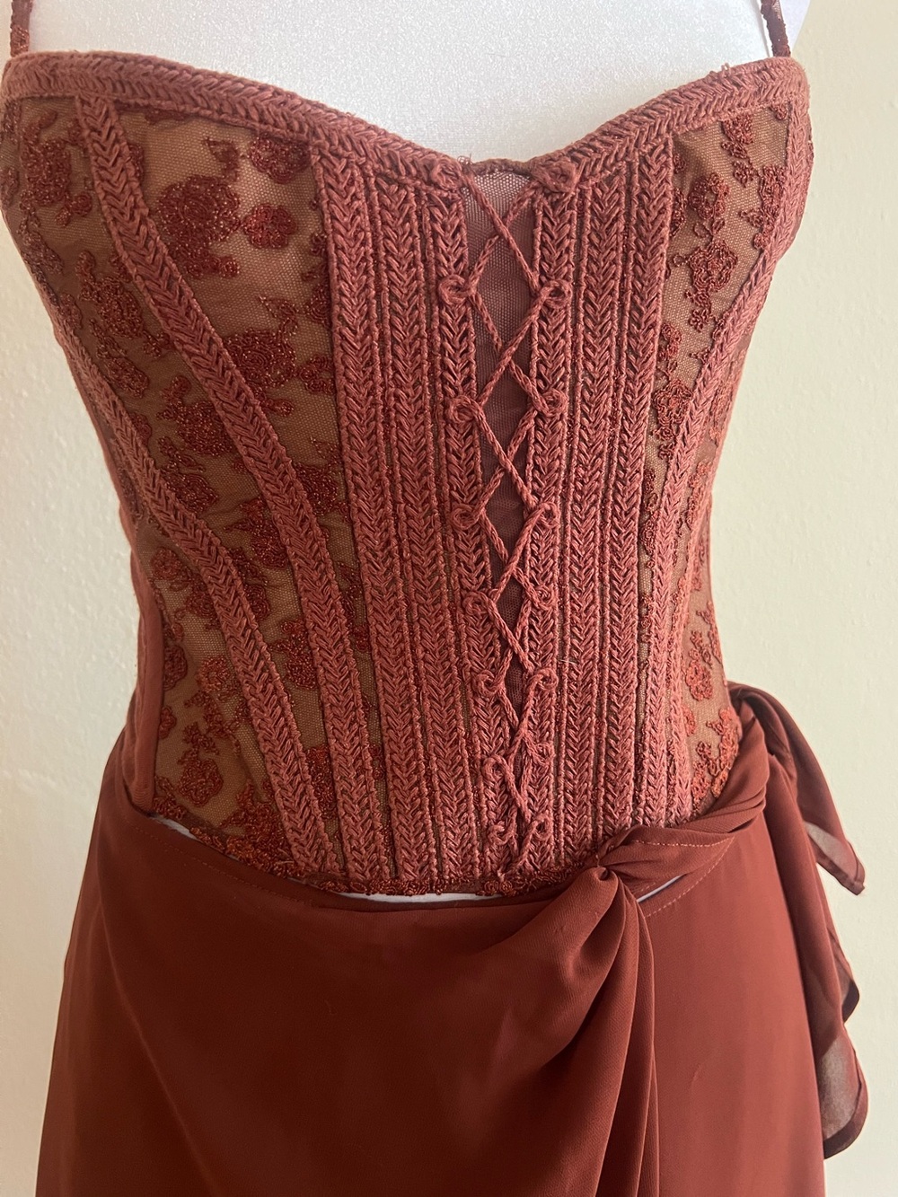 Ritmo di Perla Italy 2PC Set Brown Lace Corset Mini Skirt Size 42 Vintage - Picture 2 of 12